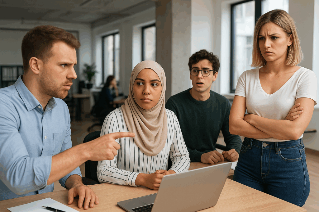 Discriminación evidente en oficina moderna: hombre señala de manera acusatoria a una mujer con hiyab mientras colegas millennials de distintas identidades observan con sorpresa y molestia.