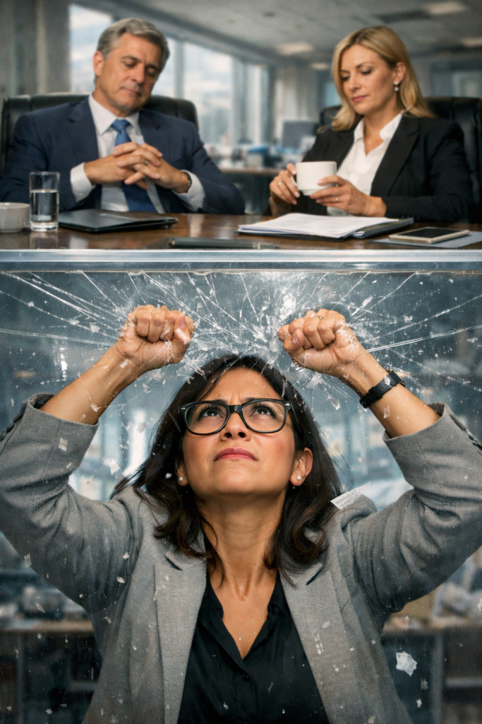 Mujer profesional latina enfrentando el techo de cristal en una oficina en México.