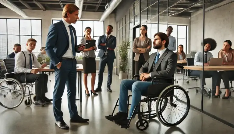 Grupo de personas y personas con discapacidad, en reunión de trabajo.