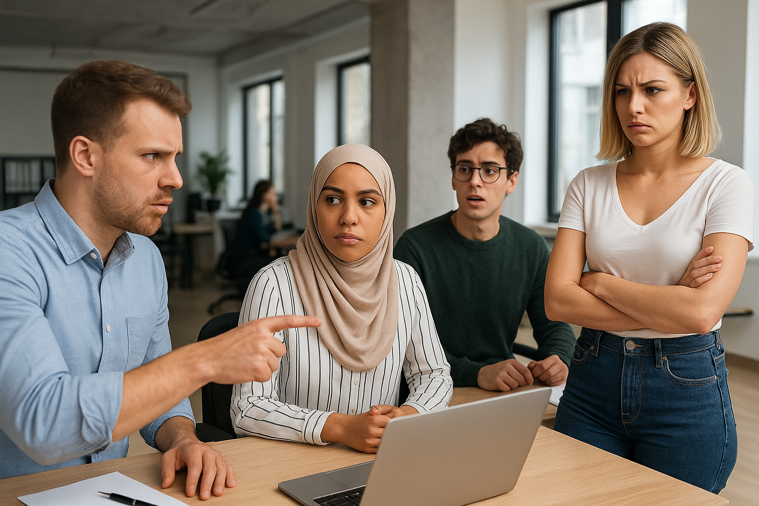 Discriminación evidente en oficina moderna: hombre señala de manera acusatoria a una mujer con hiyab mientras colegas millennials de distintas identidades observan con sorpresa y molestia.